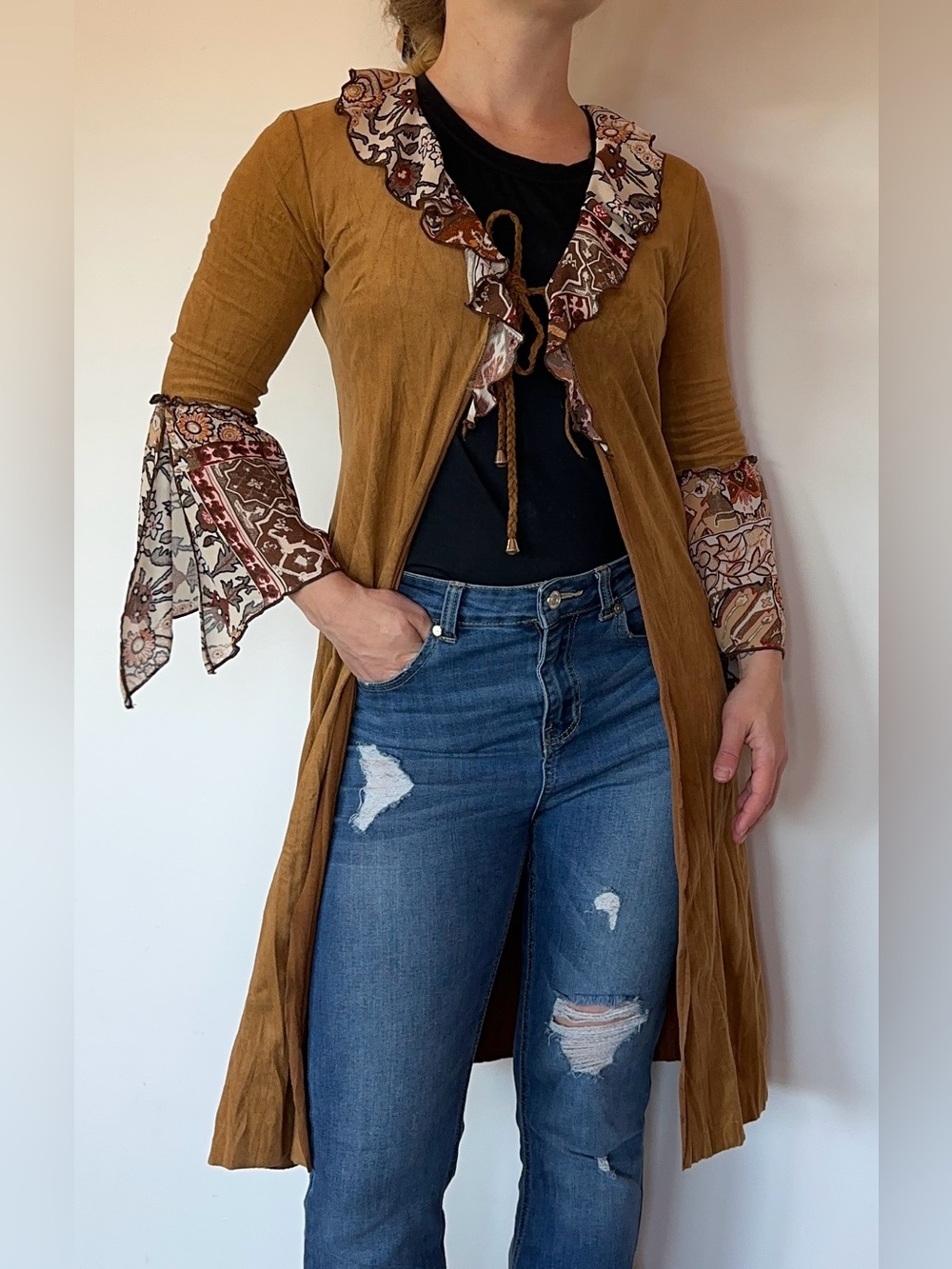 Vintage Suede Boho Ruffle Duster with Printed Trim